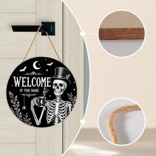 Halloween Welcome Sign for Front Door Decorations Cute Halloween Hanging Sign Home Decor Outdoor Indoor Skull Skeleton Wreath Wooden Hanger Sign for Outside Porch Wall Decorations 12"X12" - Image 4