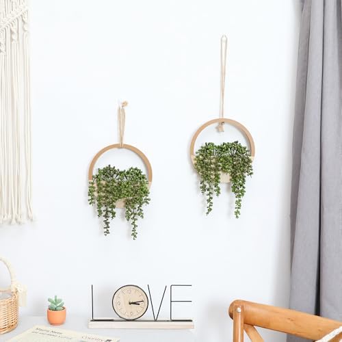 Floweroyal 2pcs Artificial Succulents Hanging Plants 20.1'' Fake String of Pearls in Pot with 9.4'' Lanyard for Indoor Outdoor Wall Decor（Wood Color） - Image 6