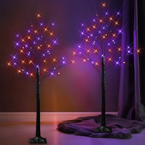 Dazzle Bright 2 Pack 4FT Halloween Lighted Up Birch Tree, Total 96 LED Purple and Orange Fairy Lights with Timer, Waterproof for Indoor Outdoor Home Party Halloween Decoration - Image 2