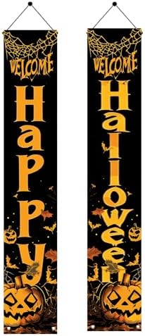 2PCS Happy Halloween Porch Banners 71 x 12 Inch Vertical Welcome Door Signs with Pumpkins and Bats Halloween Party Decorations for Front Door Outdoor Yard Entryway Spooky Wall Hanging Decor by Unknown