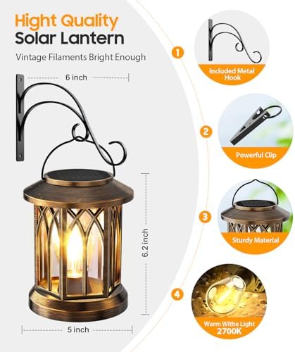 Solar Lantern Outdoor Lights with Metal Hooks, Upgraded Solar Lanterns - Image 3