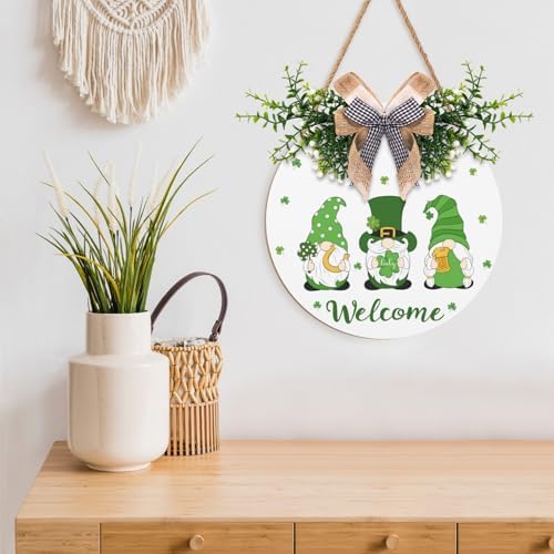 St Patricks Day Welcome Door Wreath Decor Shamrock Gnomes Door Sign Green Holiday Wooden Hanging Signs Hanger Farmhouse St. Patrick's Day Decoration for Window Wall Porch - Image 3