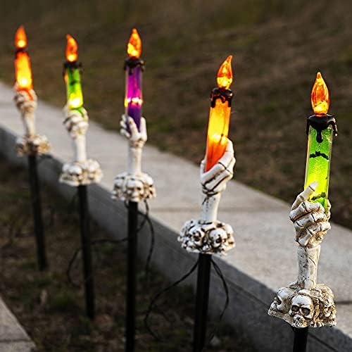 WATERGLIDE Halloween Candle Light Stakes, 5 Pack Skeleton Hands Hold Lighted Candle Pathway Makers, Waterproof Battery Operated with Timer, Light Up Figurine for Indoor Outdoor Holiday Party by WATERGLIDE