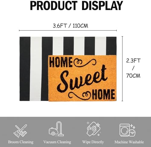 Striped Outdoor Rug 27.5x43 Black and White Front Door Mat, Layering Rug for Porch, Washable Doormat, Cotton Area Rug for Outdoor Entrance Entryway Patio Porch Decor - Image 2