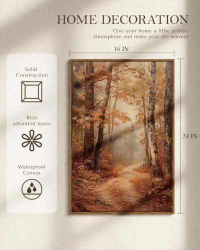 Autumn Forest Framed Canvas Wall Art 16x24 Trees Leaves Trail Artwork, Woodland Path in Fall Colors Landscape Print, Rustic Nature Forest Painting Farmhouse Bedroom Entryway Home Decor - Image 4