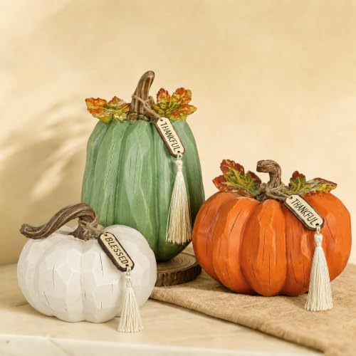 Briful Fall Pumpkin Decor 3 Pcs, Faux Resin Pumpkin Table Centerpiece by Briful