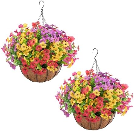 2 Set Artificial Flowers Faux Hanging Plants Basket for Spring Summer Outdoor Outside Decoration, Fake Silk UV Sun Resistant Daisy Eucalyptus for Porch Home Patio Balcony Yard Decor by StymedecaArtificialFlowers