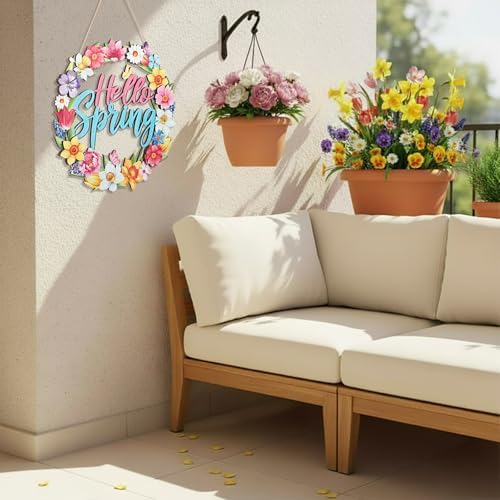 Yalikop Hello Spring Door Sign Door Wreath Wooden Spring Decor Sign Hollow Flower Welcome Hanging Signs Rustic Farmhouse Wall Plaque for Home Room Bedroom Indoor Outdoor Decorations - Image 5