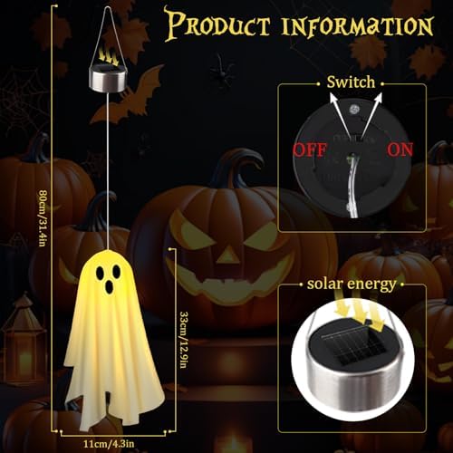 2PACKS Solar Hanging Ghost Lights for Halloween Decorations Outdoor,Light up Spooky Ghosts with Warm Yellow LED Lights,Halloween Floating Light for Yard,Porch,Creepy Party Decor - Image 2