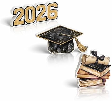 Smile 2026 Graduation Wooden Standing Decor Set, 3-Piece Grad Cap & Diploma Book Stack Tiered Tray Tabletop Signs for Graduation Party Decorations by Sme