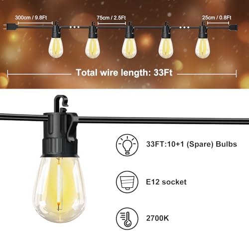 Outdoor String Lights LED Patio-Light,33Ft Waterproof Dimmable Porch Lights with 10 Shatterproof S14 Bulbs,Outside Hanging Light Connectable Lighting for Backyard Yard Gazebo Party Garden Bistro - Image 5