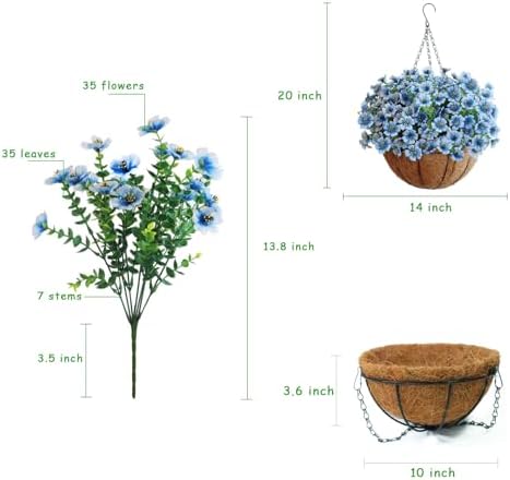 Artificial Hanging Flower Plants with Pot Planter, 12 Bundles Fake Flowers Uv Resistant Artificial Outdoor Flowers for Spring Summer Yard Porch Patio Garden and Home Decoration - White Blue - Image 4