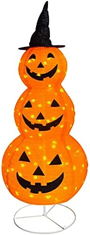 FUNPENY Halloween Collapsible Pumpkin Decorations, Pre-Lit Light Up Pumpkin with Hat, Pop Up Jack-o-Lantern with Metal Stand for Indoor Outdoor Yard Holiday Decor (5FT Pumpkin) by FUNPENY