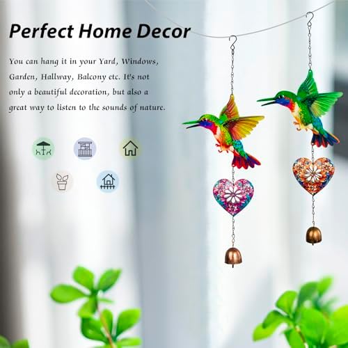 Metal Hummingbird Hanging Decor, Bird Wind Chime Bell Hanging Decor for Outdoor Garden Yard Doors Walls Living Rooms Bedrooms, 2 Pack (Bird-a-Heart) - Image 2