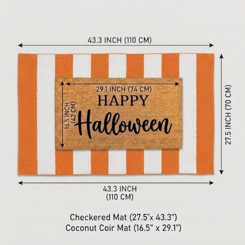 SEEKSEE Happy Halloween Decor Doormat Set, Thick Coco Coir Door Mat + Orange and White Striped Rug, Outdoor Layered Mat for Front Door Non-Slip Backing Floor Mat for Porch - Image 2