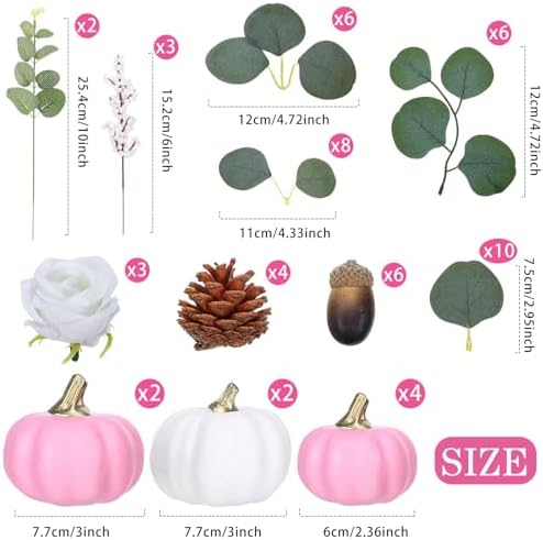 Suncalla 56 Pcs Artificial Pumpkin Eucalyptus Leaves Fall Decor, White,Pink - Image 2