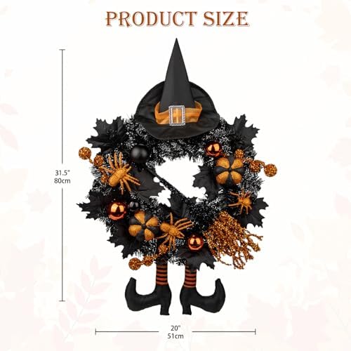Halloween Wreath for Front Door 20" Tinsel Black Witch Wreath with Hat Legs and Orange Pumpkin for Fall Autumn Indoor Window Door Thanksgiving Halloween Decorations - Image 2