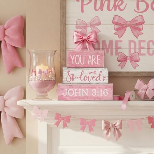 Lineshading 4 Pcs Pink Bow Decor Christian Table Decor Wooden Block Signs - Image 4