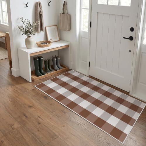 Brown White Plaid Outdoor Rug 2 x 4.3 Ft, Front Door Layering Mat - Image 5