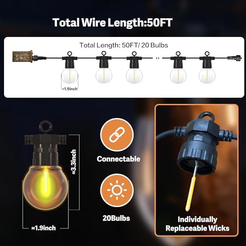 50FT Outdoor String Lights with Remote, 20 Dimmable Shatterproof LED G50 Bulbs, Waterproof Patio & Backyard Lights for Pergola, Deck, Garden, Bistro, Commercial Grade Hanging Lights - Image 6