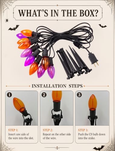 SUNSGNE Halloween Pathway Lights, 19.5Ft Halloween Stake Lights with 10 Count C9 LED Orange and Purple Bulbs for Lawn Yard Sidewalk Garden Decoration - Image 6