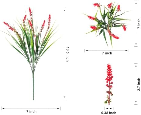 HyeFlora 20 Bundles Artificial Fake Outdoor Plants Flowers for Spring Decoration, UV Resistant Realistic Red Plastic Flowers Faux Plant Monkey Grass for Planter Home Garden Porch Patio Window Box - Image 6