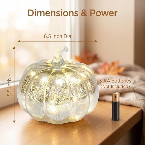 Fall Decorations for Home,Mercury Glass Pumpkin Lights with Timer(Silver) - Image 5