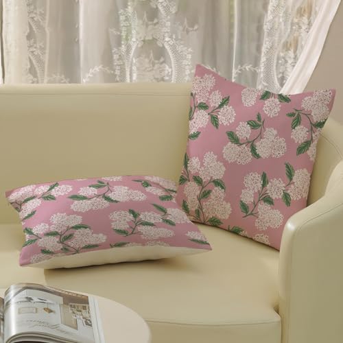 Pink Pillow Covers 22x22 Inch 2 Pcs Preppy Pink Green Hydrangea Flower Decor Throw Pillows Vintage Floral Seasonal Spring Summer Outdoor Decoration Pillowcase Linen Cushion Cover for Couch Sofa - Image 4
