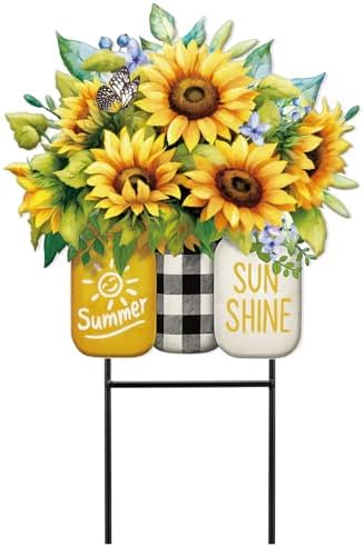 Amyhill Summer Sunflower Outdoor Decor Metal Garden Stakes 25 Inch Summer Welcome Yard Signs Decorations Outdoor Sunflower Decorative Garden Stakes Patio Lawn Walkway Backyard Porch Decorations by Amyhill