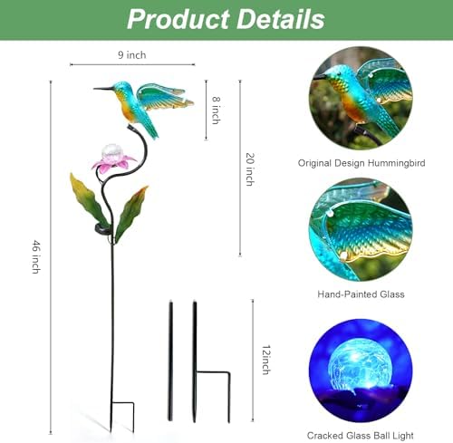 HONGLAND 46 Inch Solar Hummingbird Lights, Solar Garden Decor with Cracked Glass Ball, Hummingbird Decorative Garden Stakes Outdoor Waterproof for Lawn Patio Yard Porch, Gifts for Mom - Image 2