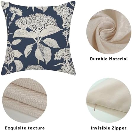 Vintage Floral Pillow Covers 18x18 Inch 2 Pcs Boho Navy Blue Hydrangea Flower Decor Throw Pillows Spring Summer Seasonal Outdoor Farmhouse Decoration Pillowcase Linen Cushion Cover for Couch - Image 7
