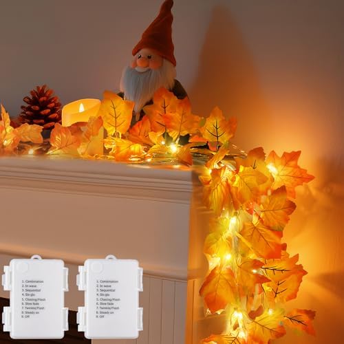 2Pack [8 Lighting Modes & Timer] Fall Decor Maple Leaf Garland with Lights 80LED Battery Operated Waterproof, Fall Decorations for Home Outdoor Indoor Thanksgiving Decor Halloween Friendsgiving Autumn by Luditek
