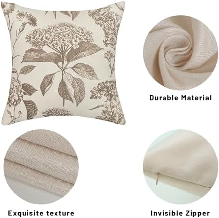 Vintage Brown Pillow Covers 16x16 Inch 2 Pcs Boho Beige Floral Decor Throw Pillows Hydrangea Flower Seasonal Outdoor Farmhouse Neutral Accent Decoration Pillowcase Linen Cushion Cover for Couch - Image 7