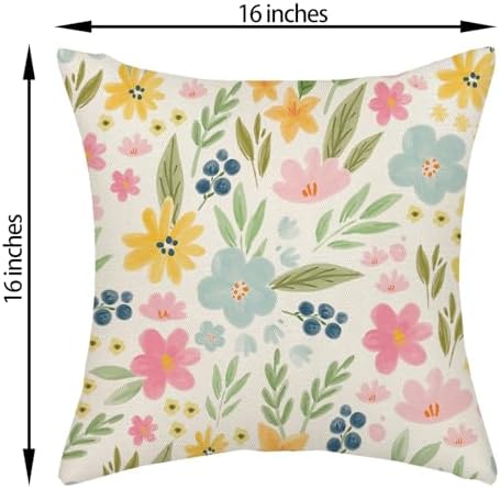 Outdoor Pillow Covers 16x16 Inch 2 Pcs Watercolor Pink Green Flower Spring Decor Throw Pillows Vintage Floral Summer Outdoor Seasonal Decoration Pillowcase Linen Cushion Cover for Couch Sofa - Image 6