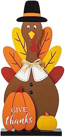 Glitzhome 31”H Thanksgiving Wooden Turkey Porch Sign, Fall Harvest Turkey Give Thanks Standing Decor, Rustic Welcome Sign Porch Sign for Thanksgiving Fall Harvest Autumn Yard Sign - Image 7