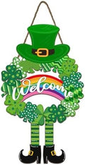Happy St. Patrick's Day Welcome Wooden Hanging Sign 13.4x12.8 Inch St Patricks Day Rainbow Shamrock Wreath Sign for Front Door Decor,Irish Spring Lucky Gnome Wood Wreath Indoor Wall Hanging Decoration by welcometoourhome