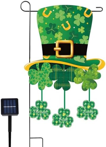 14 x 23 Inches Lighted St. Patrick’s Day Garden Flag – Double-Sided Shamrock Hat Yard Flag with Warm LED Lights, Solar-Powered Outdoor Irish Décor for Porch, Lawn and Patio by GCCL