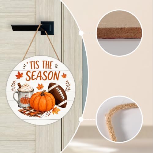 Fall Sign for Front Door Decor Autumn Harvest Thanksgiving Pumpkin Football Round Outdoor Hanging Wooden Door Sign for Porch Seasonal Home Wreath Hanger Sign for Outside Indoor Wall Decorations 12"X12" - Image 4