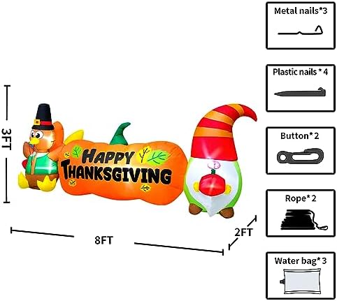 8FT Thanksgiving Inflatables Outdoor Decoration Inflatable Turkey Pumpkin Gnome, Built in LED Lights Blow Up Yard Decorations for Fall Holiday Party Garden Lawn Décor - Image 5