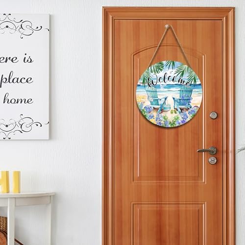 Welcome Summer Sea Chair Front Door SignFlower Wall Hanging Round Door Hanger Farmhouse Coastal Beach Wooden Wreath for Front Door Hello Summer Outdoor Outside Porch Decor 12"X12" - Image 5