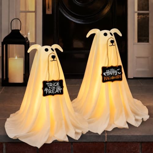 Halloween Decorations, 2 Pack 2.3 FT Light-Up Spooky Ghost Dog with 2 Sign by Zesua
