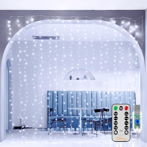 Ollny 300 LED 9.8ftx9.8ft Outdoor Waterproof Christmas Curtain Lights with Remote Timer 8 Modes, USB Powered, Cool White by Ollny