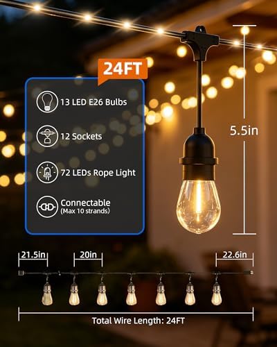 Outdoor String Lights With Lighted Tubing 24 ft, Commercial Grade String Lights with 13 (12+1spare) S14 Edison Bulbs & 72-LED Lighted Tubing, IP65 Waterproof Bistro Light for Patio, 2700K Warm White - Image 2