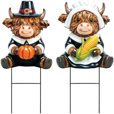 Amyhill 2 Pcs Thanksgiving Pilgrim Highland Cow Metal Garden Stakes Cow Figurines Outdoor Yard Decorations with Stakes Calf Statue Gifts Farmhouse Decor Sign for Home Lawn Porch Backyard Holiday Decor by Amyhill