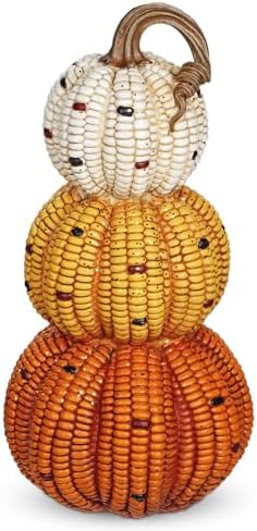 Briful Fall Stacked Corn Pumpkin Decoration – 10.6" Tall Resin Pumpkins Rustic Harvest Faux Pumpkin Decor for Thanksgiving Tabletop Centerpiece Outdoor Indoor Autumn Decor by Briful