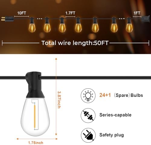 GvvooHome 50FT LED Outdoor String Lights with 25 Shatterproof Edison Bulbs (1 Spare), Dimmable Hanging Outdoor Lights for Backyard, Porch, 2700K Warm White - Image 6