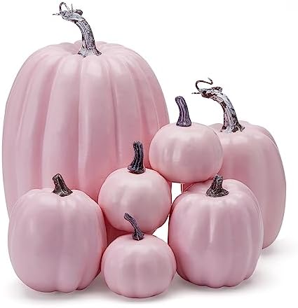 Lizxun 7Pcs Artificial Pumpkins Halloween Decoration, Lifelike Simulation Mixed Harvest Fall Foam Pumpkins for Halloween Thanksgiving Home Party Supplies (Light Pink-7Pcs) by Unknown
