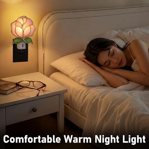 Baquler 2 Pcs Stained Glass Pink Rose Night Light Plug into Wall, Pink Floral Spring Flower Light Decor for Home Bedroom Bathroom Kitchen Hallway Valentine's Mother's Day Easter Decoration - Image 5