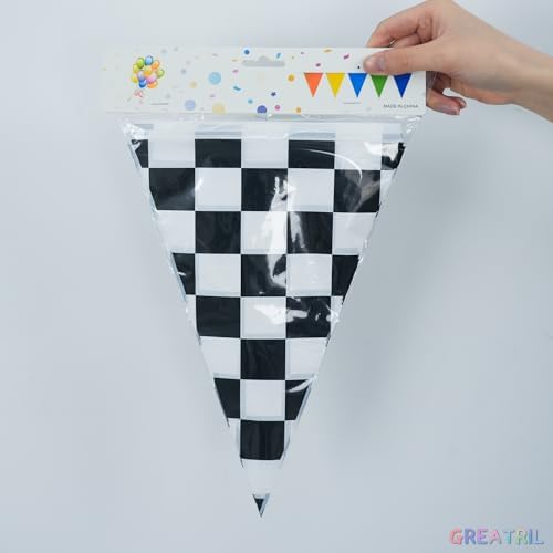 Racing Car Bunting Pennant Banner Flags - GREATRIL Black White Checkered Themed Plastic Triangle Garland for Classroom Bulletin Board/One Happy Dude First Birthday/Garage Party Decorations 4 Strings - Image 5