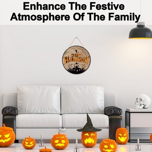 Halloween Door Decorations - 12" Pumpkin Welcome Sign for Front Door Porch, Witch Castle Wooden Hanger for Home Indoor Outdoor​Decor -B08 - Image 3